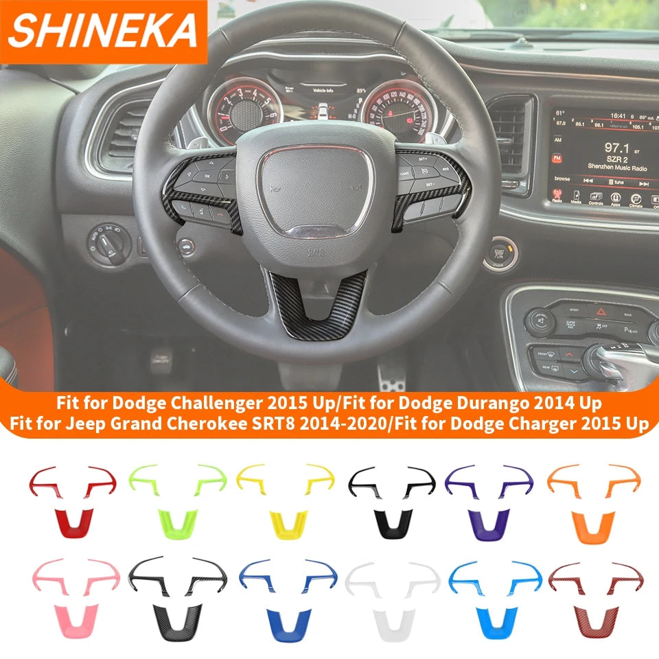 A steering wheel decoration cover for a Dodge Challenger, Durango, Jeep Grand Cherokee, and Dodge Charger.