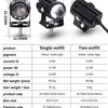 Diagram showing the front, side, and back views of a single and two-outfit LED motorcycle or ATV headlight product.