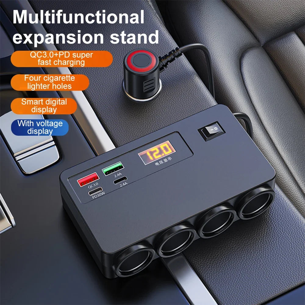 A black multi-functional expansion stand featuring four cigarette lighter holes and a smart digital display for fast charging