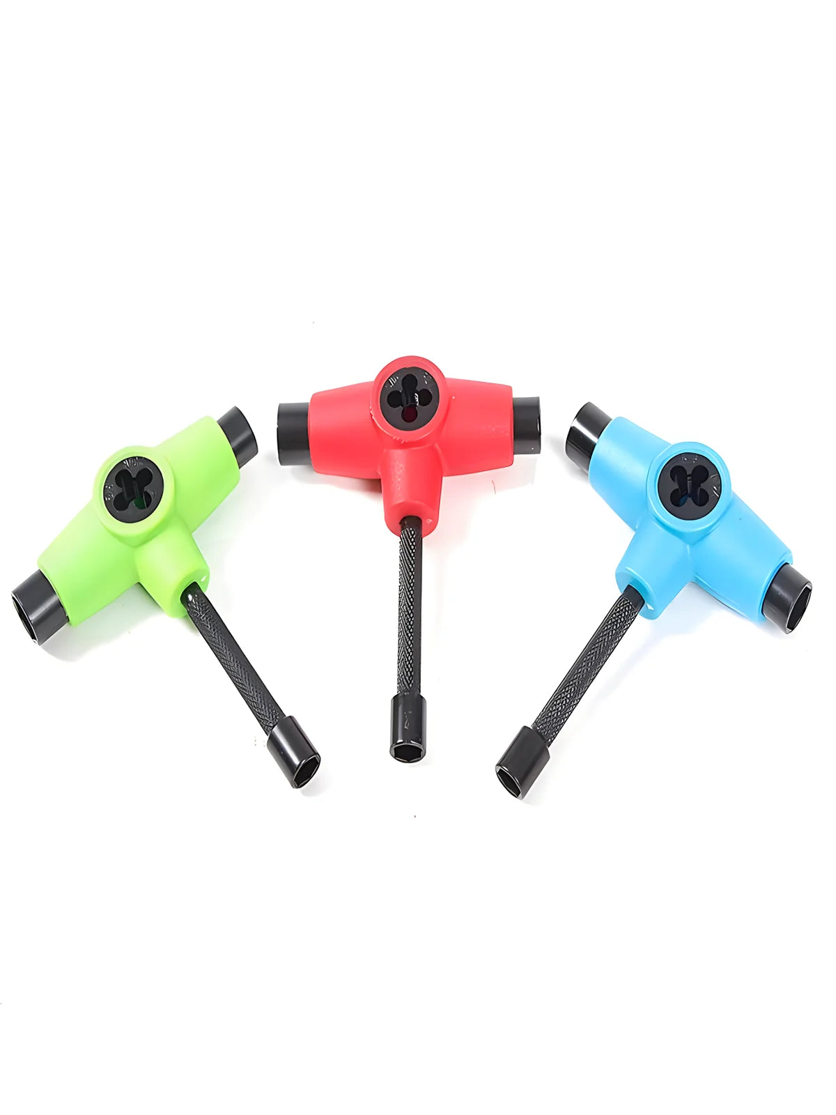 Three colored multi-tools with black handles, including green, red, and blue.