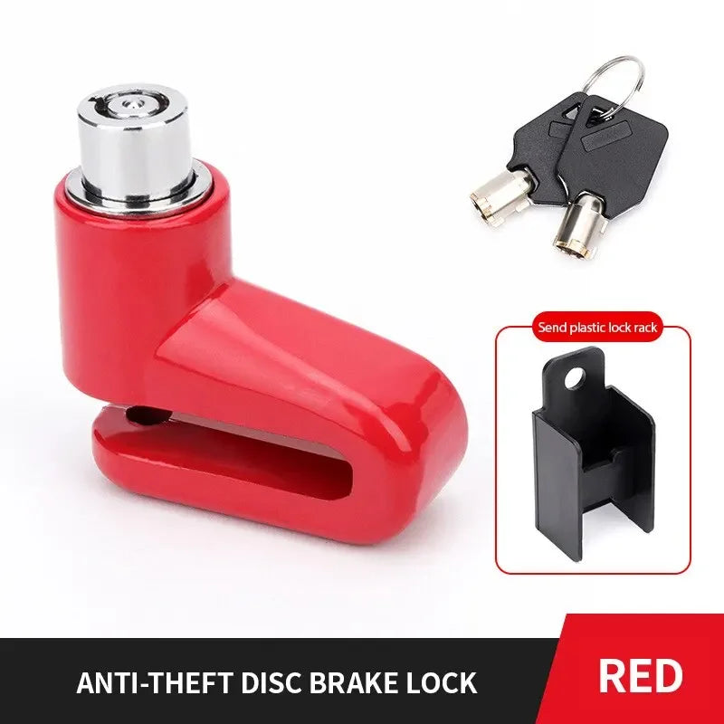 Red anti-theft disc brake lock featuring a red lever and a black lock rack with a key.