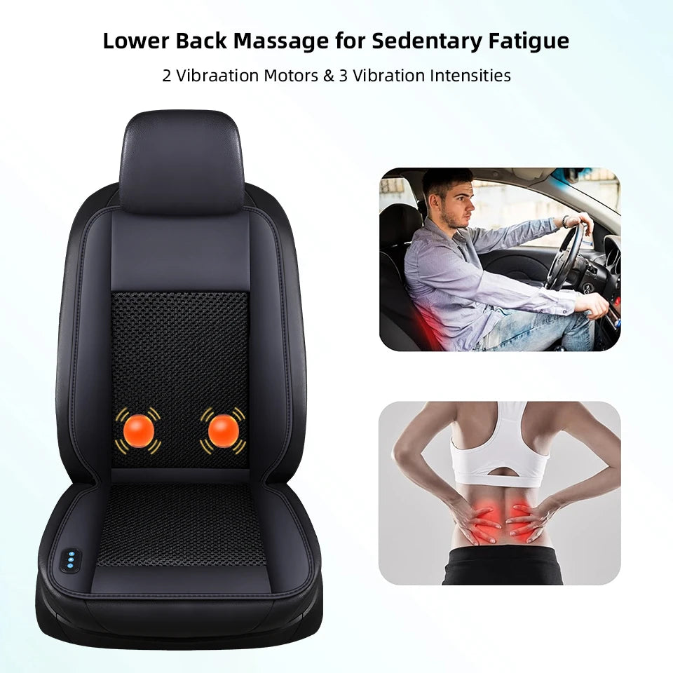 Black car seat cushion with massage features for lower back relief