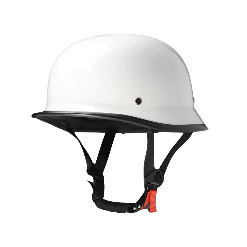 White universal half-helmet motorcycle and EV safety gear with black strap visible