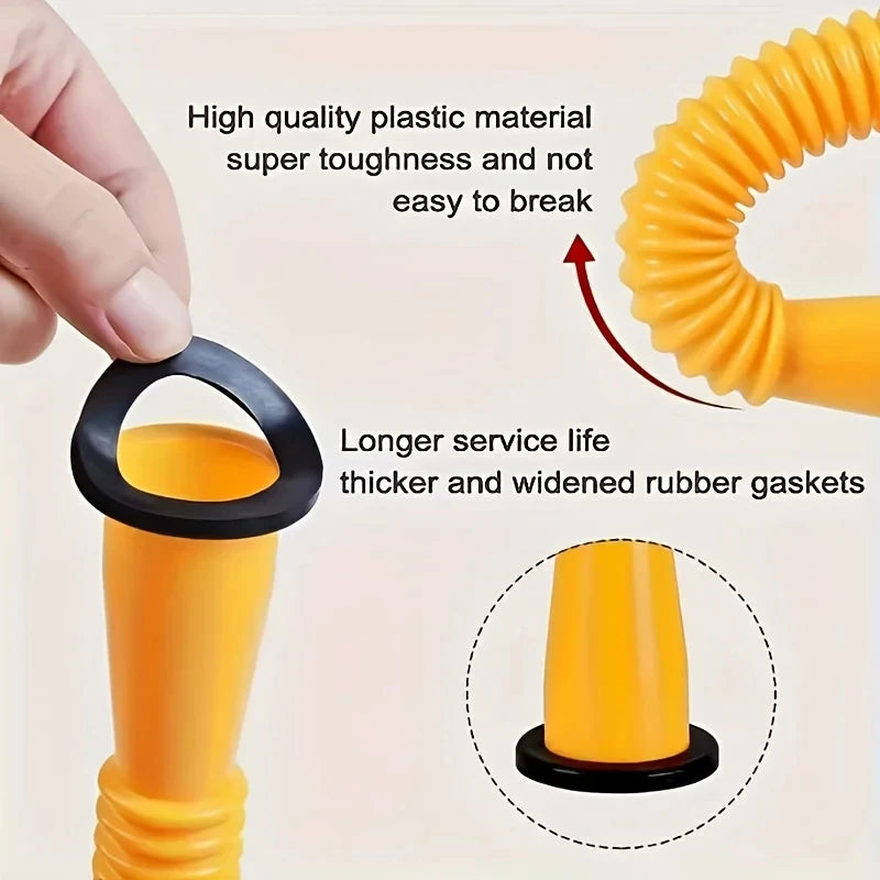 Close-up of a yellow gas can spout replacement nozzle adapter with rubber gaskets and a black ring.
