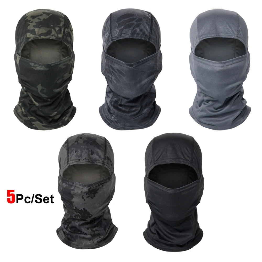 A set of five multi-functional stretchy balaclava caps in various camouflage and solid gray colors.