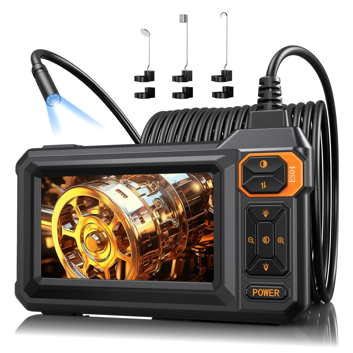 A black industrial endoscope camera with a lens and flexible cable is shown on a surface.