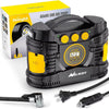 A black AC&DC car air pump unit and its power cord are shown next to its packaging box.
