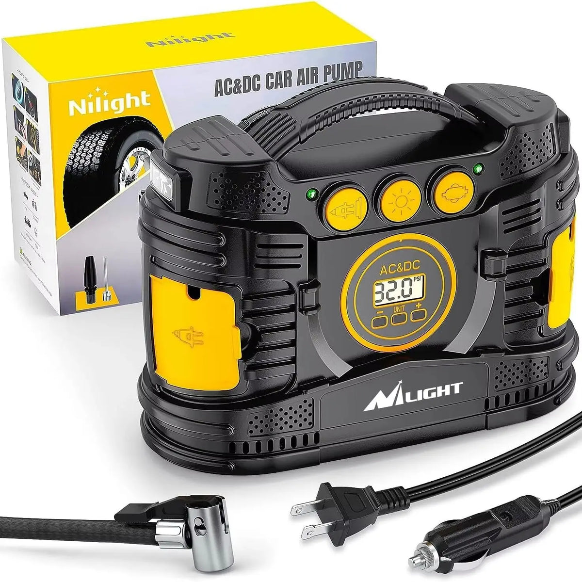 A black AC&DC car air pump unit and its power cord are shown next to its packaging box.