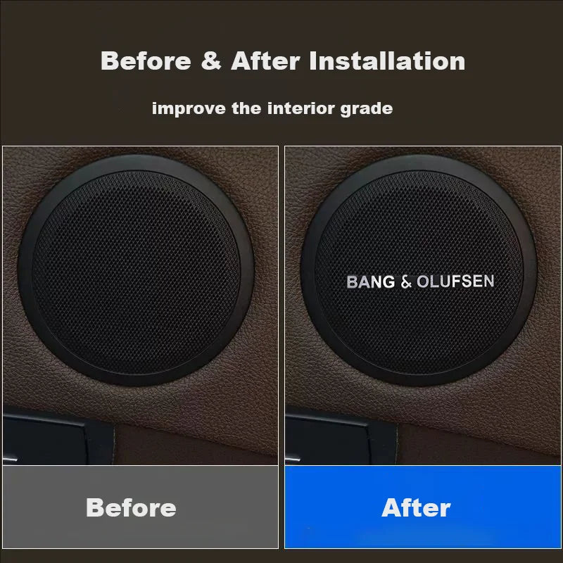 Before and after installation comparison of a car audio emblem, showing an improved interior grade.