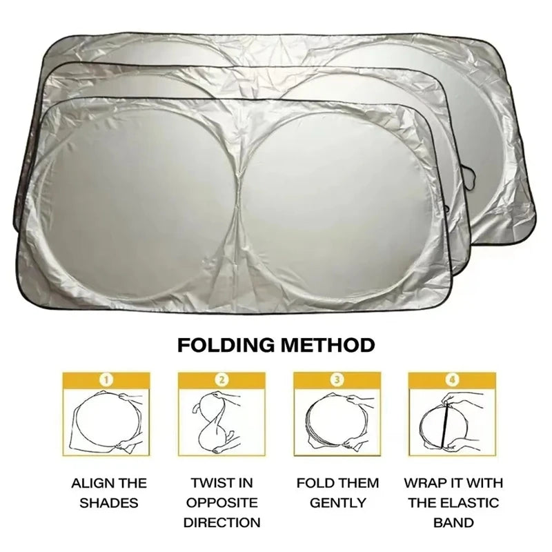 Folding method instructions for a car windshield sun shade visor protector showing how to align, twist, fold, and wrap the pr