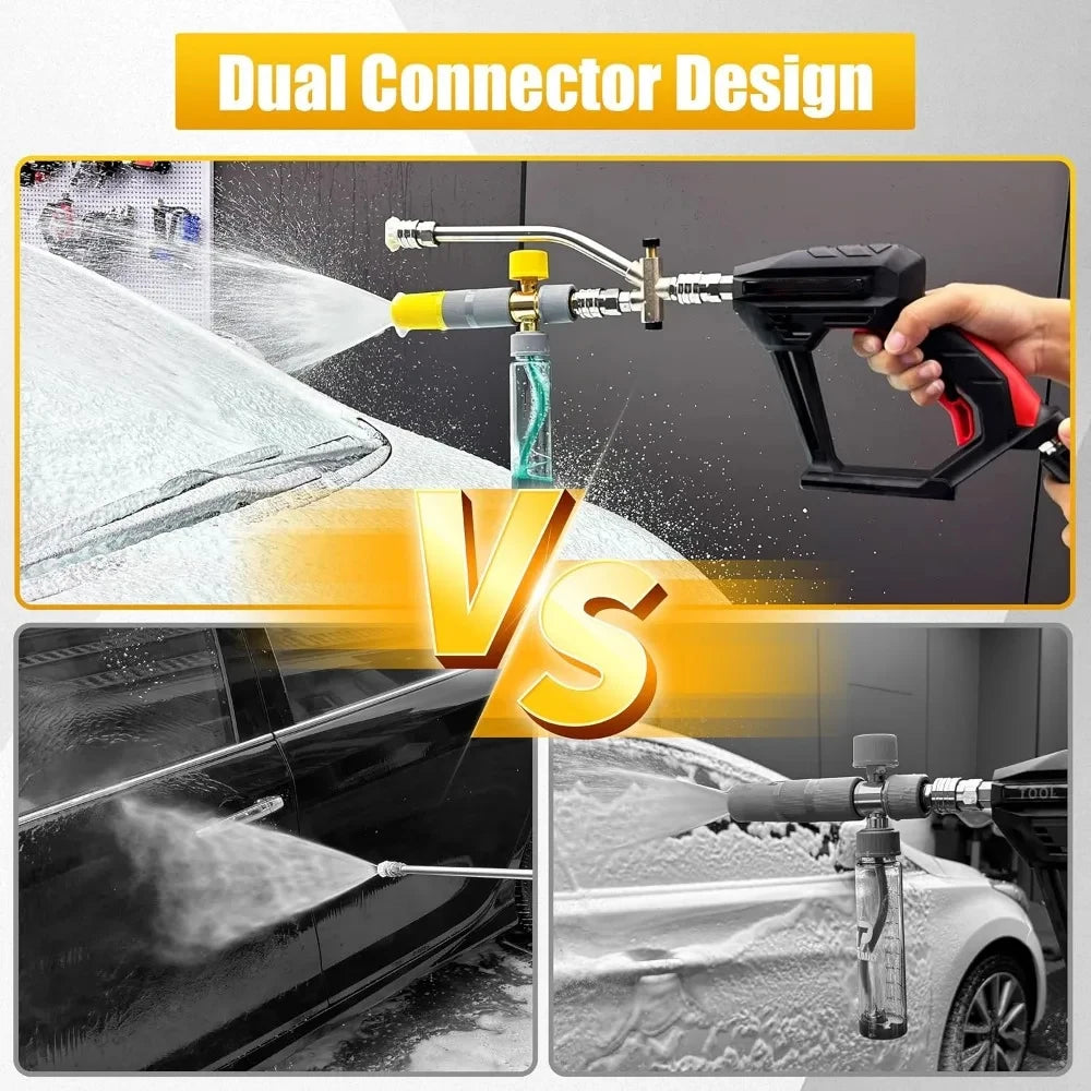 Dual connector design for a high-pressure car wash foam lance being used on a vehicle.