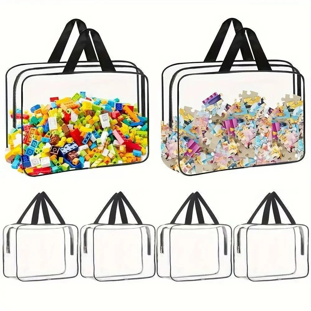 Two clear PVC storage pouches with handles, one filled with colorful toys and the other with cosmetic items.