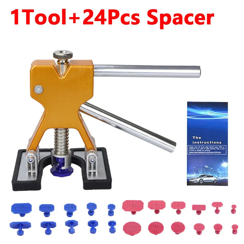 A tool kit for car dent repair featuring a gold and silver spacer tool and various plastic spacers.