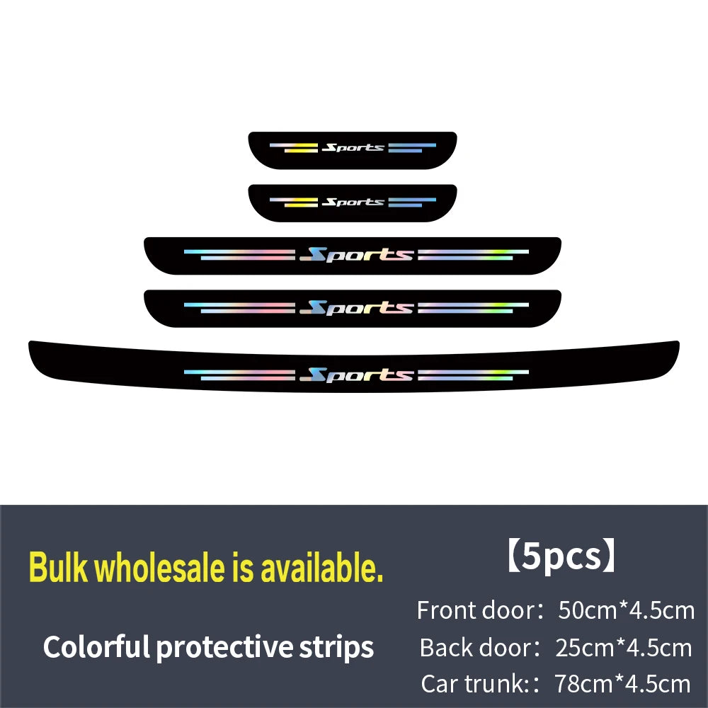 Set of five colorful protective strips for car door sills