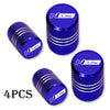 Set of four blue NLine brand aluminum tire valve caps with silver stripes