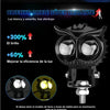 A black LED headlight spotlight with a dual white and yellow beam, shown alongside smaller versions.
