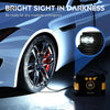 A bright light is shown illuminating a car wheel, demonstrating a dual power portable air compressor for emergency use.