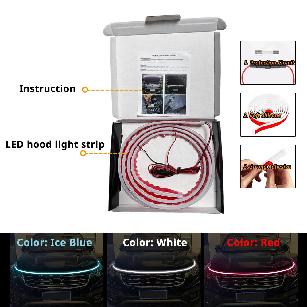 LED hood light strip for car, available in Ice Blue, White, and Red colors.