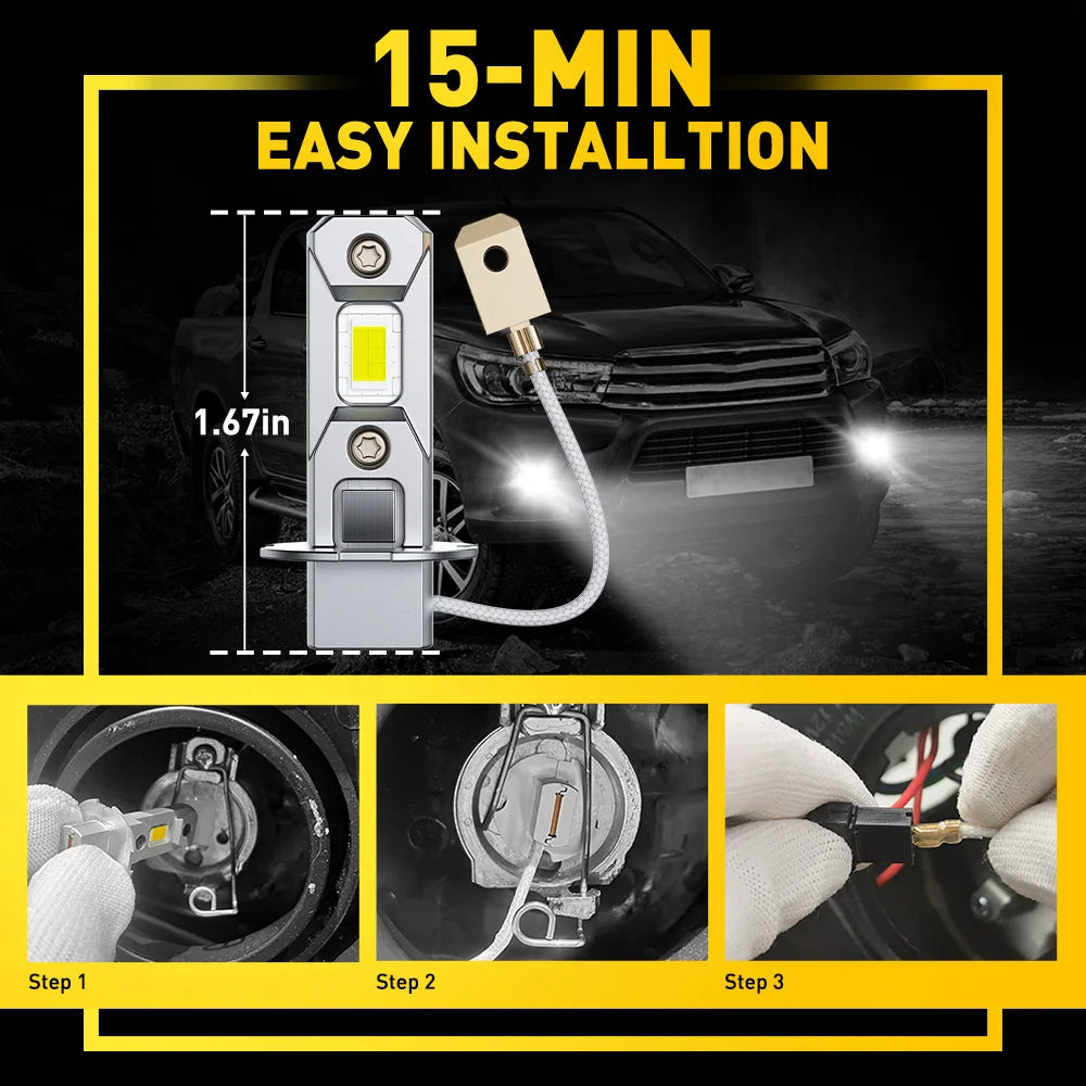 Installation guide showing three steps for installing dual H3 LED fog lights on a vehicle.