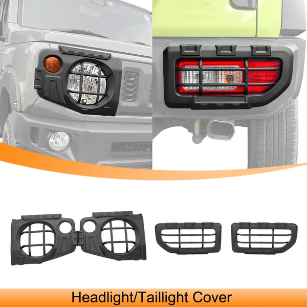 Black aftermarket headlight and taillight covers for a Suzuki Jimny vehicle.