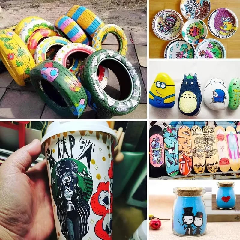 A hand holds a colorful paint pen kit featuring cartoon characters and designs on a white cup.
