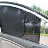 A black universal car side window sun shade mesh is shown installed on a vehicle window.