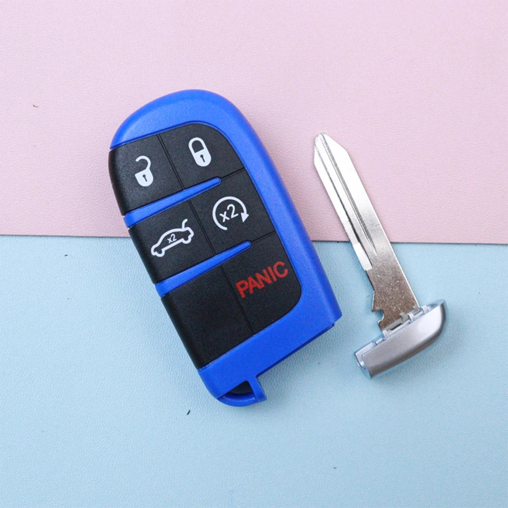 A blue car key fob shell with panic button and key cut, placed on a light blue background.