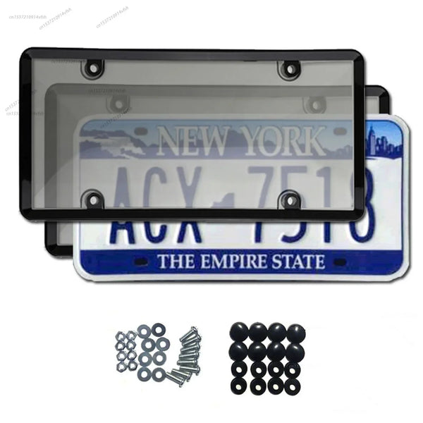 A set of license plate protectors featuring New York and Empire State plates, including plastic covers and mounting hardware.