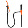 A portable electric fuel transfer pump with an orange handle and black hose.