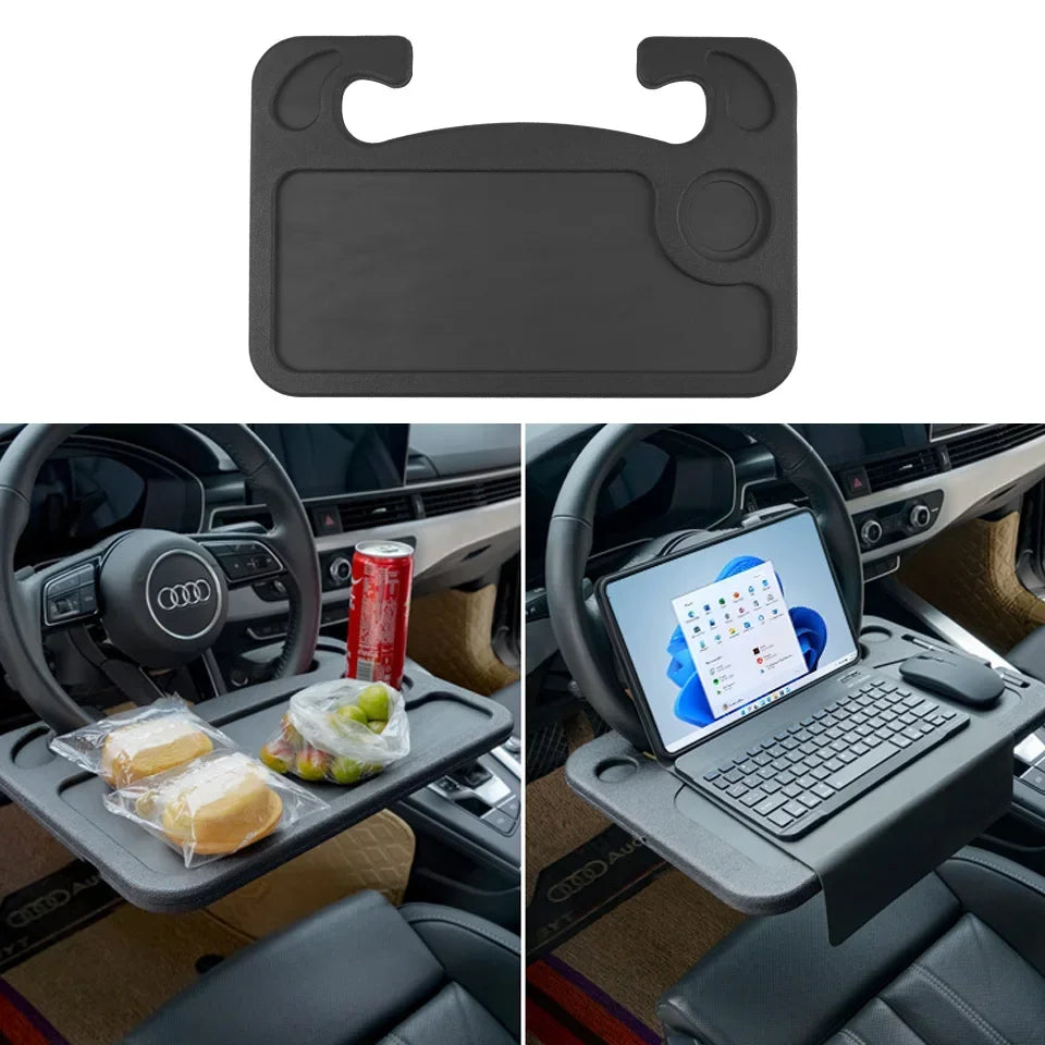 Schwarzer multifunktionaler Organizer-Tray für Auto und Schreibtisch mit Laptop-Halterung im Auto-Innenraum.