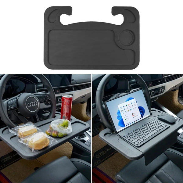 A black multi-functional car and desk organizer tray with a laptop mount shown in a car interior.