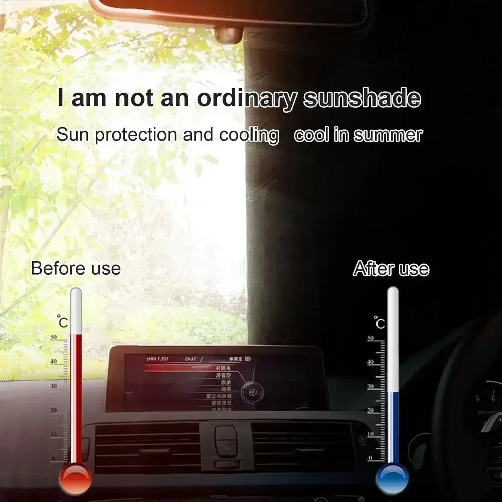 A comparison showing a car windshield before and after using a sunshade, with temperature readings visible.