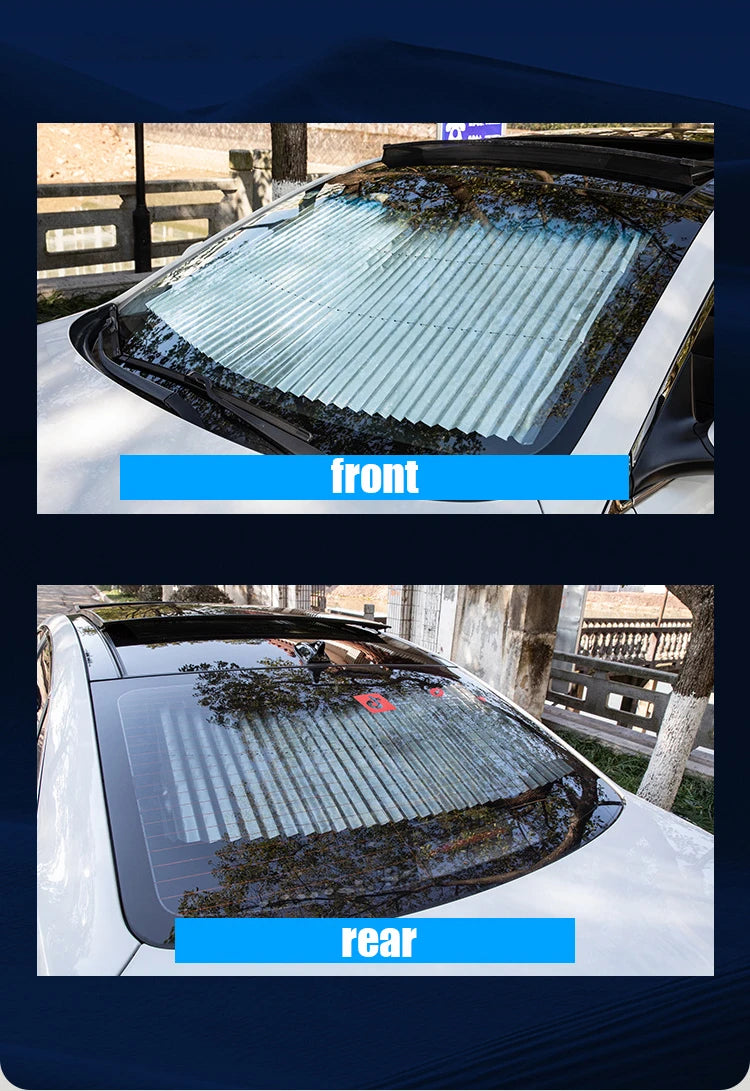 Deux vues d'un pare-soleil rétractable de voiture, montrant l'installation avant et arrière.