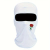 White balaclava hat with a black visor and a red rose embroidery on the side