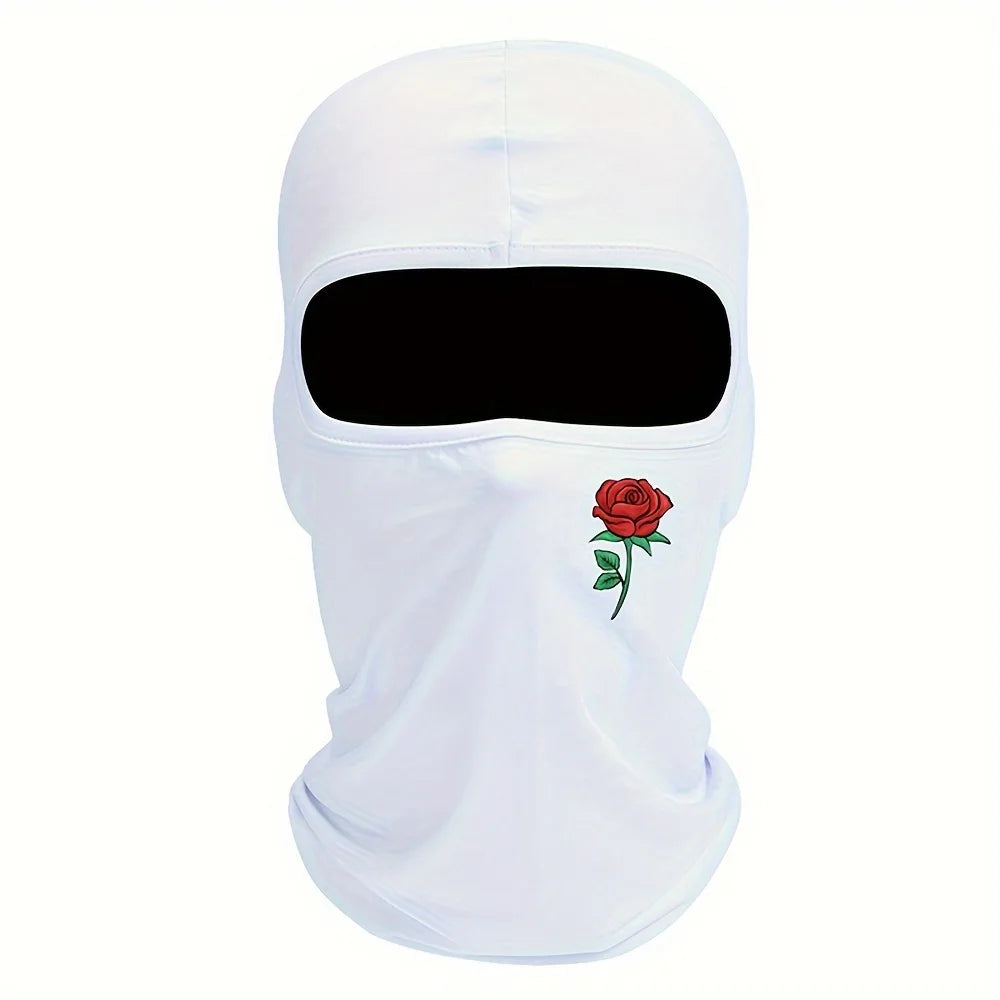 White balaclava hat with a black visor and a red rose embroidery on the side