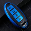 A blue car key fob cover with a black textured surface and multiple buttons.
