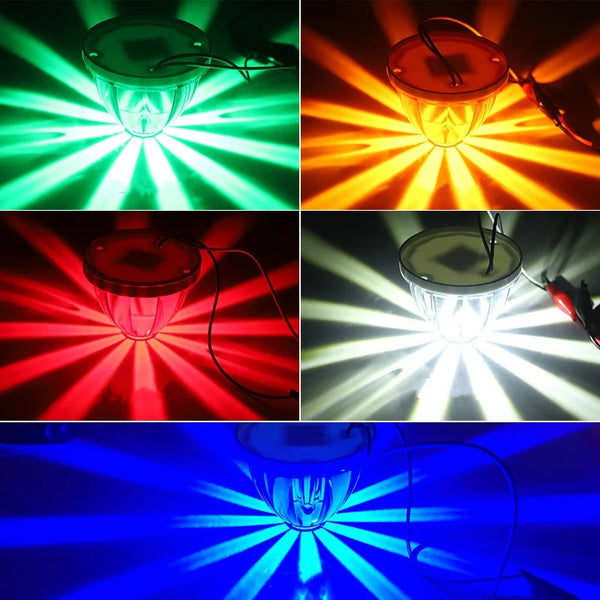 Four panels showing universal DC side marker lights illuminating bright beams of green, orange, red, and blue light.