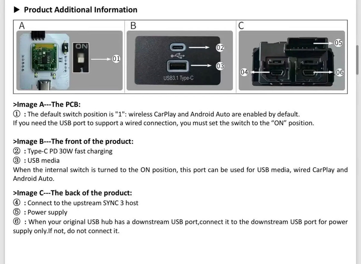 Diagram showing the front and back of a USB hub with an on/off switch for wireless CarPlay and Android Auto functionality.