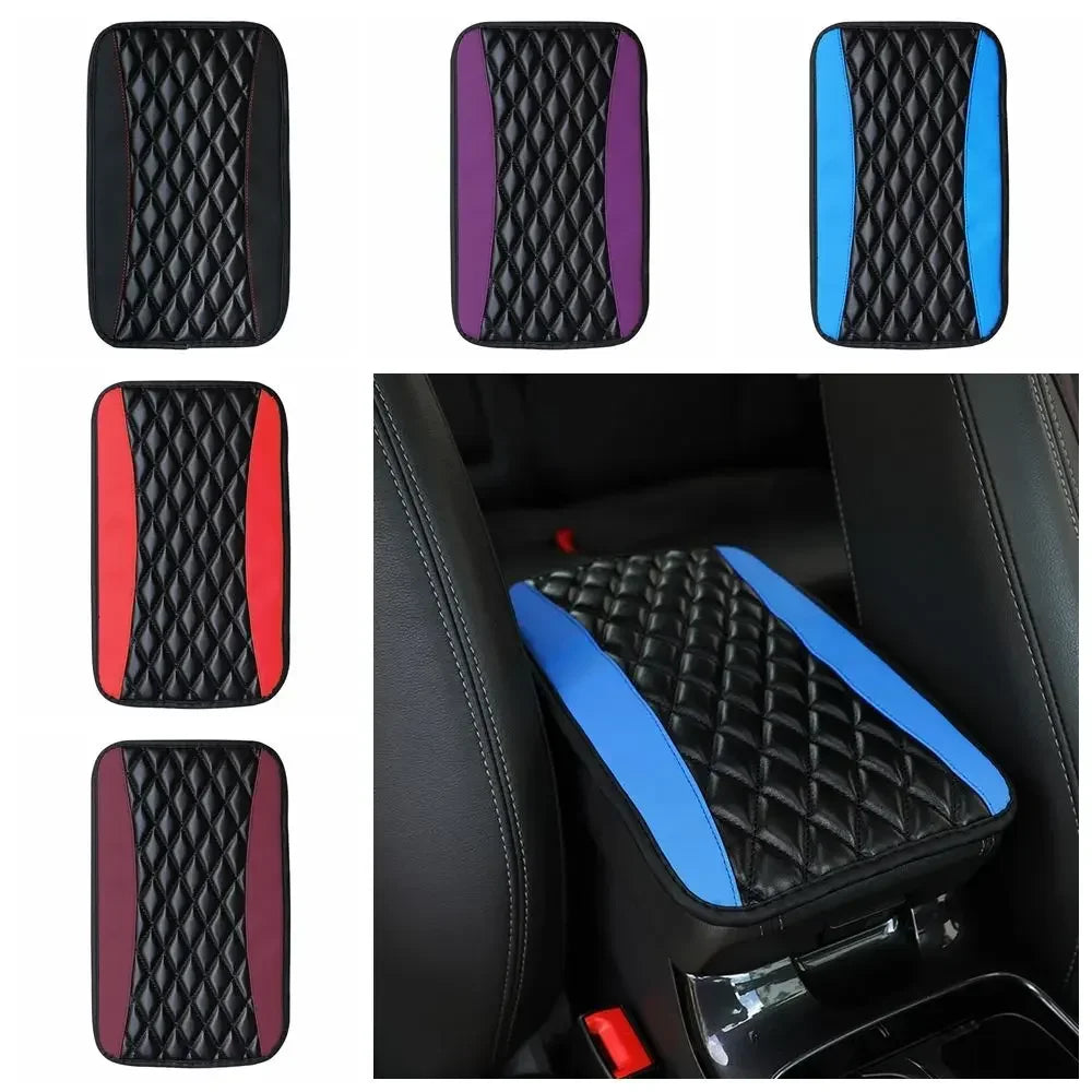 Black and purple quilted armrest protector pads shown in various colors installed on a car interior.