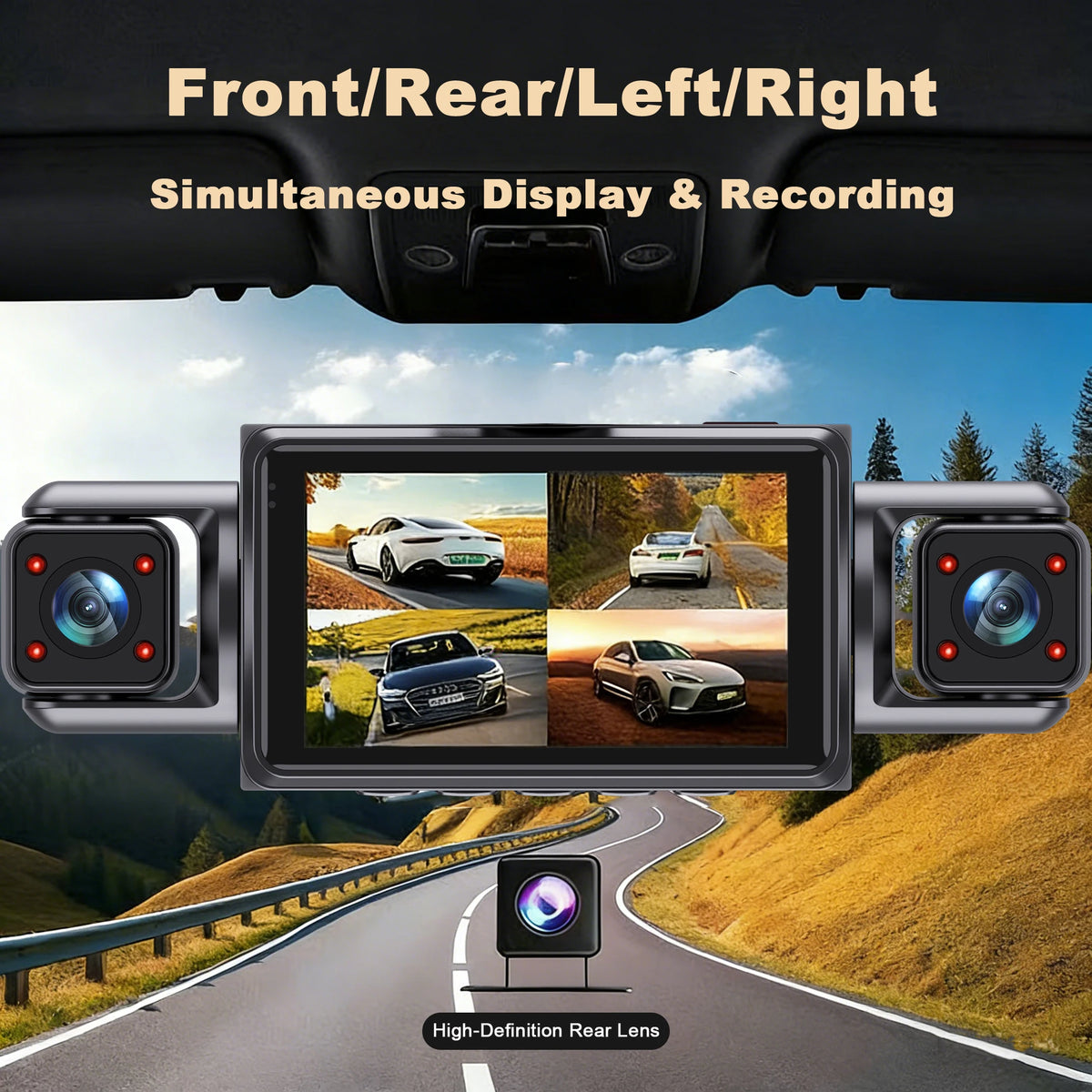 A 4-in-1 dash camera system showing simultaneous front, rear, left, and right views on a car's windshield.