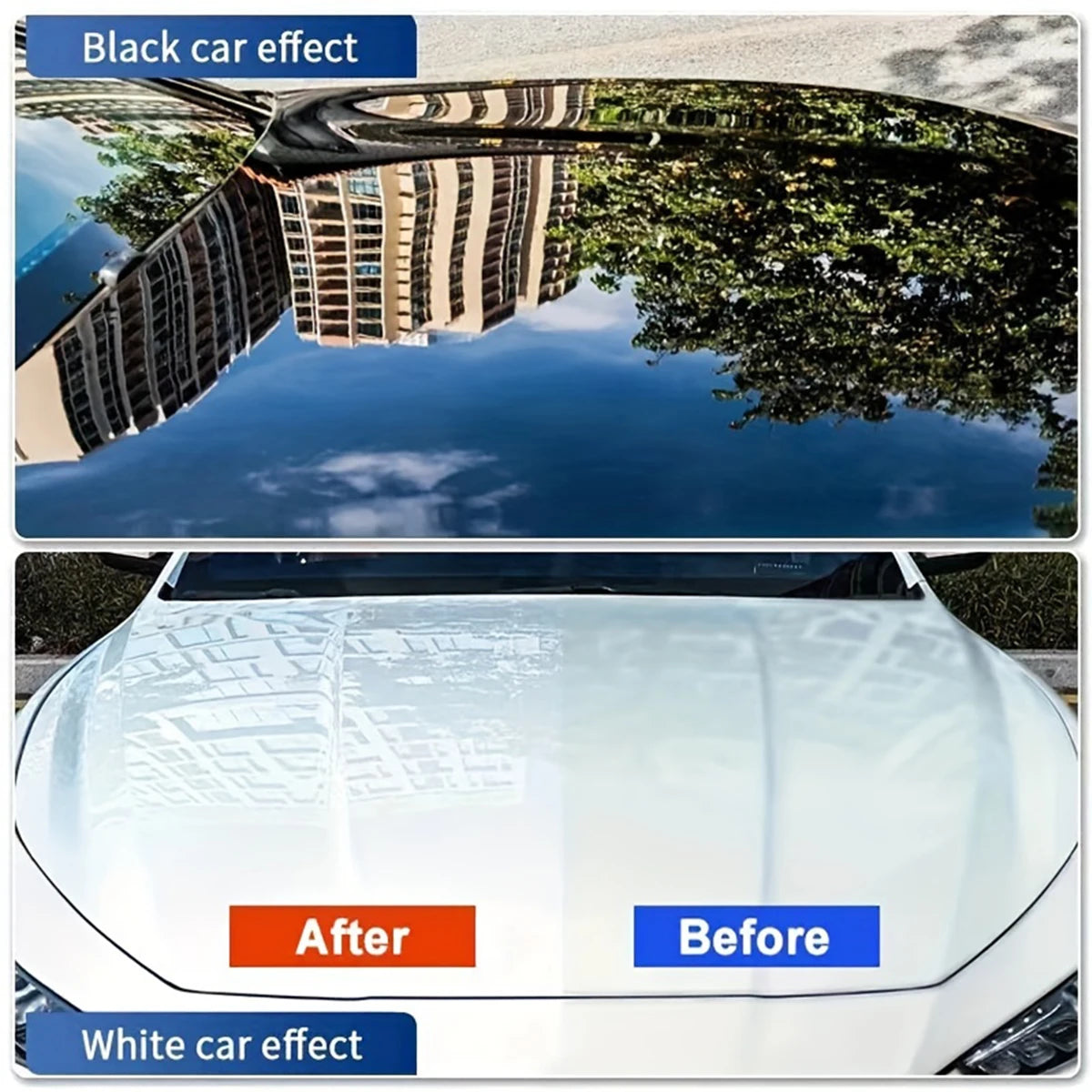 Comparison of black car effect and white car effect after ceramic coating application.