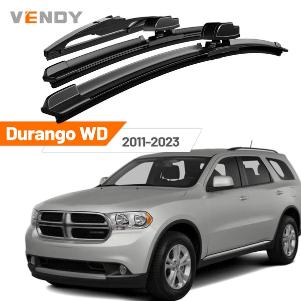 A set of black universal windshield wiper blades for a Dodge Durango, shown alongside the vehicle.
