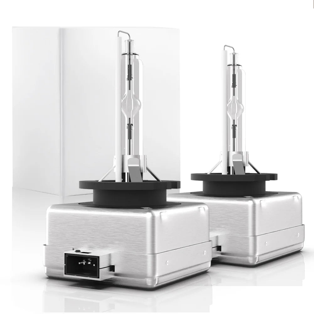 A pair of HID Xenon bulbs mounted on silver bases, shown against a white background.