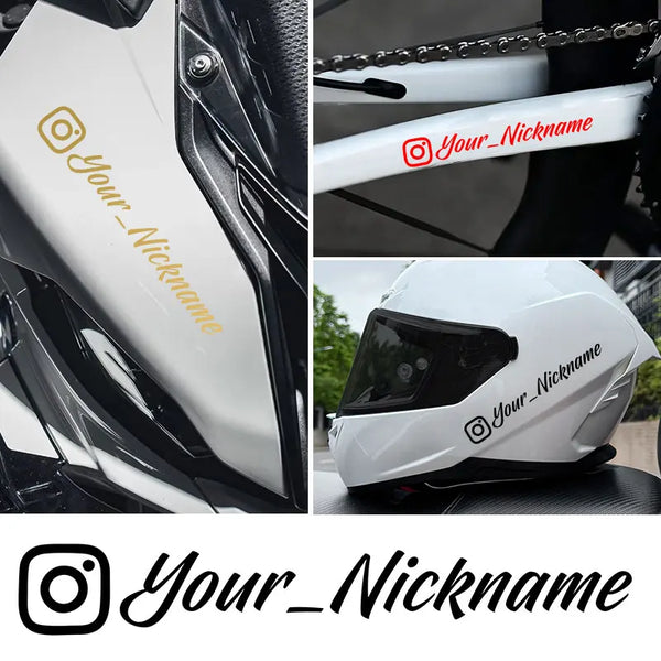 Close-up of a white motorcycle fairing with a custom decal showing Your_Nickname on the side and a helmet featuring the same 