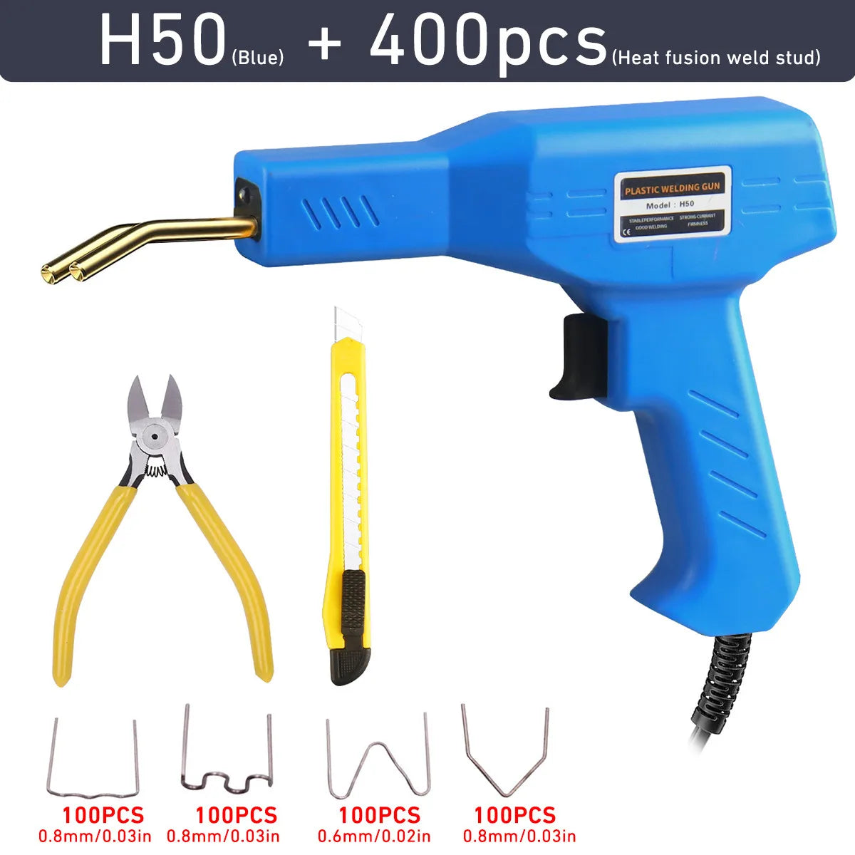 Blue H50 plastic welding gun with 400 pieces of heat fusion weld stud and various staples