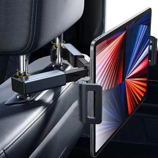A black universal telescopic car phone mount is shown attached to a car seat, holding a tablet in a vertical position.