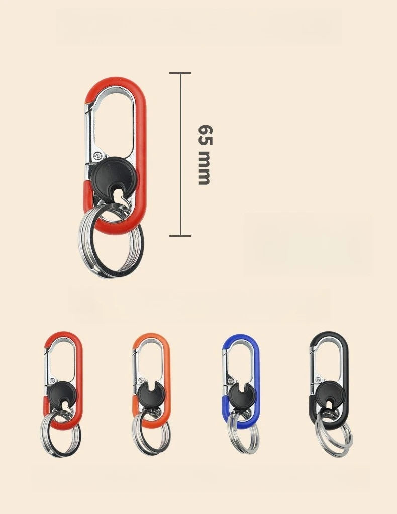 A set of red and black rotatable lock carabiner keychains shown with a dimension marker.