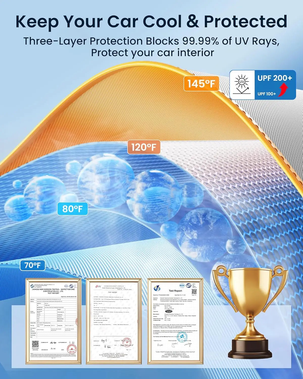 Three-layer protection blocks UV rays on a foldable car windshield sun shade with a bendable handle