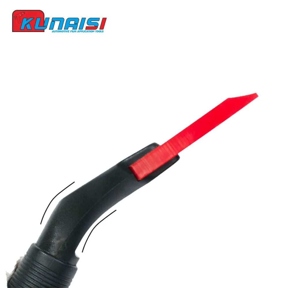 A black silicone scraper tool with a red blade tip used for removing film or glass.