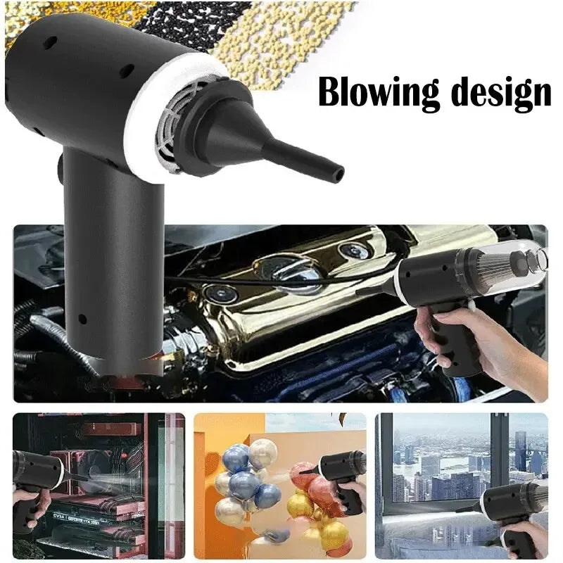 Aspirateur pour voiture sans fil noir montrant différents contextes, y compris un gros plan de l'appareil et de son